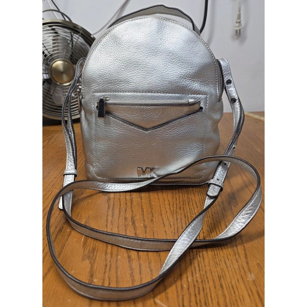 Michael Kors Jessa Convertible Backpack Crossbody Purse Silver Metallic Leather